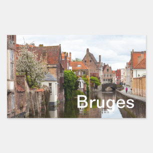 Pegatina Rectangular Casas antiguas de Brujas, Bélgica