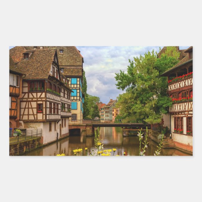 Pegatina Rectangular casas de entramado de madera en Petite France, Est (Anverso)