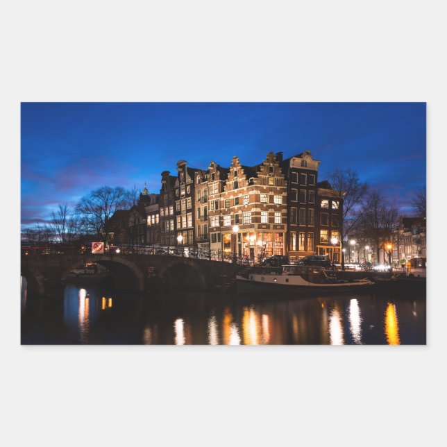 Pegatina Rectangular Casas de los canales de Amsterdam por la noche (Anverso)
