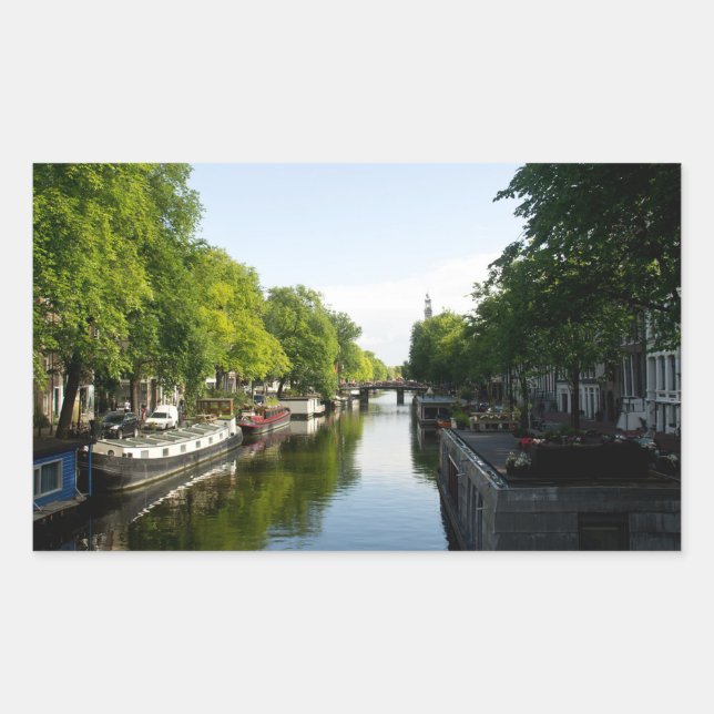 Pegatina Rectangular Casas flotantes en el canal de Ámsterdam (Anverso)