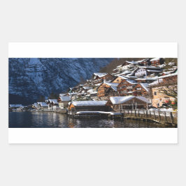 Pegatina Rectangular Casas junto al lago de madera en Hallstatt, Austri