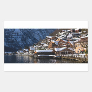 Pegatina Rectangular Casas junto al lago de madera en Hallstatt, Austri