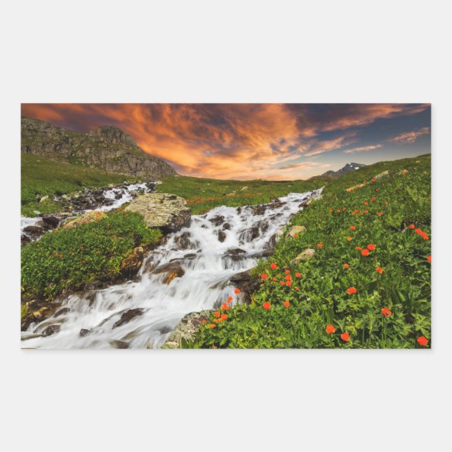 Pegatina Rectangular Cascada en las montañas con flores (Anverso)