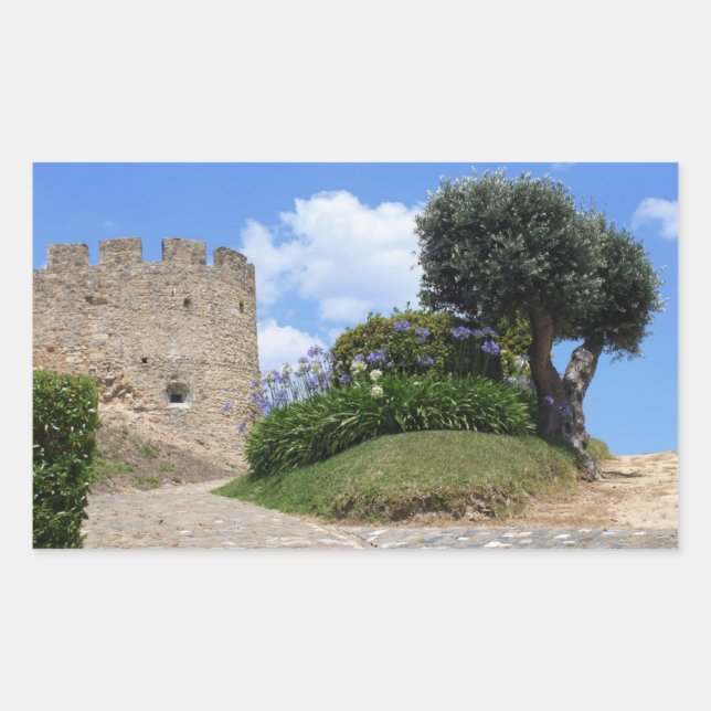 Pegatina Rectangular Castillo medieval y olivo (Anverso)