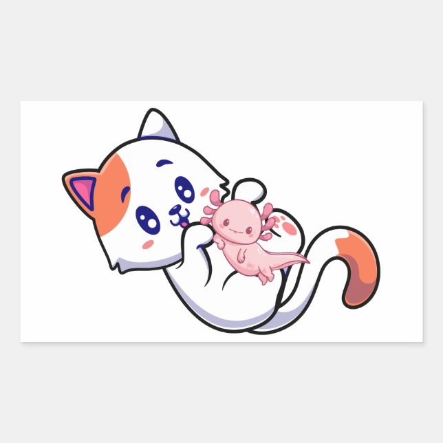 Pegatina Rectangular Cat y Axolotl Kawaii Neko Anime (Anverso)