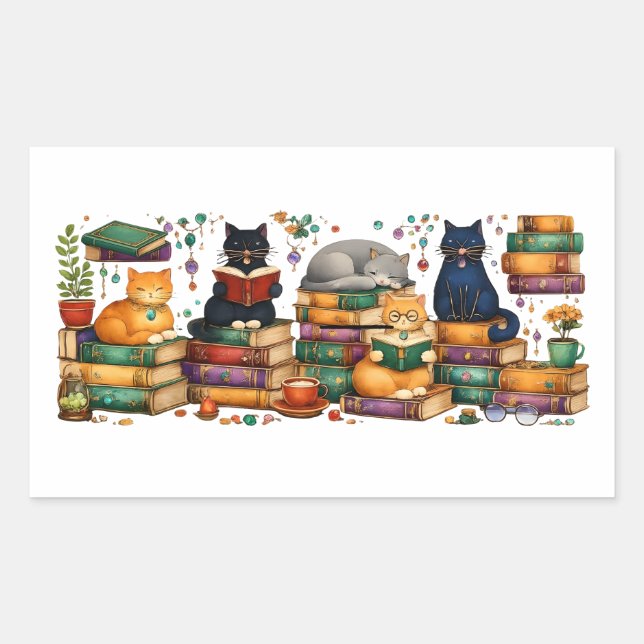 Pegatina Rectangular Cats Reading Books Cozy Library Scene (Anverso)