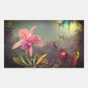 Pegatina Rectangular Cattleya Orchid y tres Hummingbirds Heade