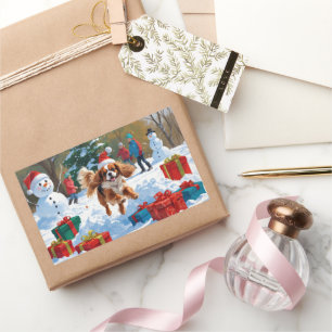 Pegatina Rectangular Cavalier King Charles Spaniel Nieve con Navidades