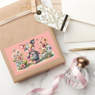 Pegatina Rectangular Cerdito Adorable de Parcheo en Jardin Floral Imán