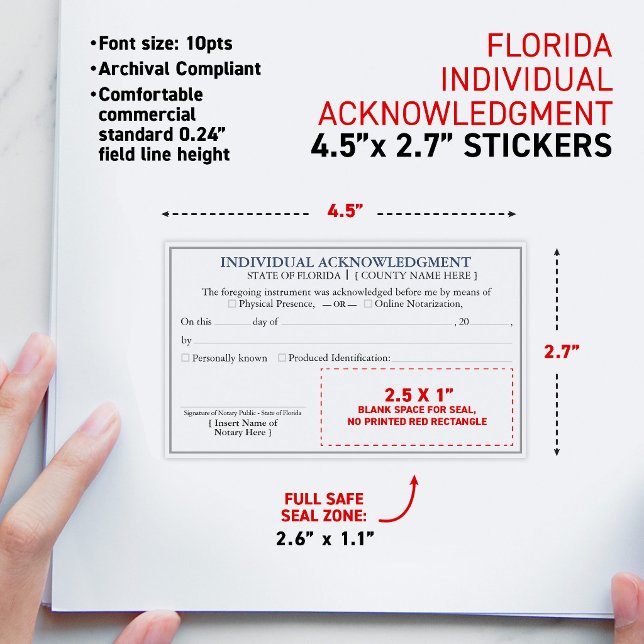 Pegatina Rectangular Certificado de Reconocimiento Notarial de FLORIDA  (FLORIDA Notary Acknowledgment Certificate 4.5x2.7" Rectangular Sticker, matte finish)