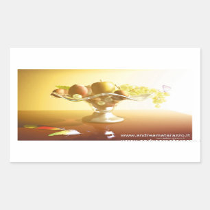 Pegatina Rectangular Cesta de vidrio con frutas y mariposa