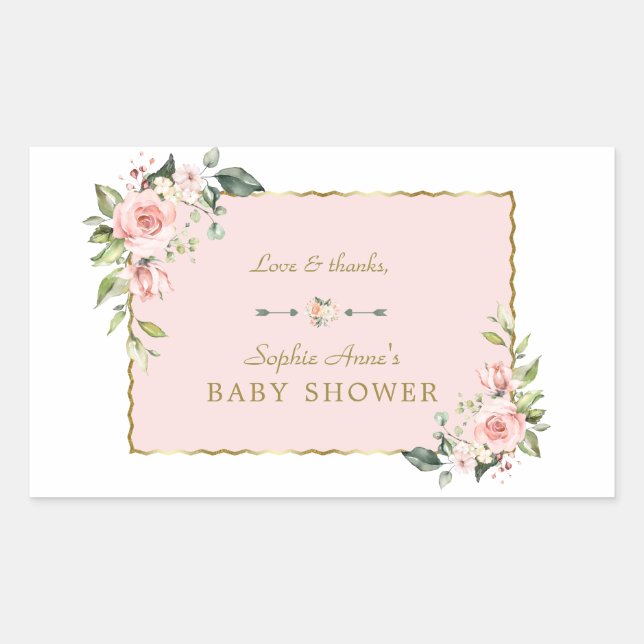 Pegatina Rectangular Charm Pink Rubor Flores Gold Frame Baby Shower (Anverso)