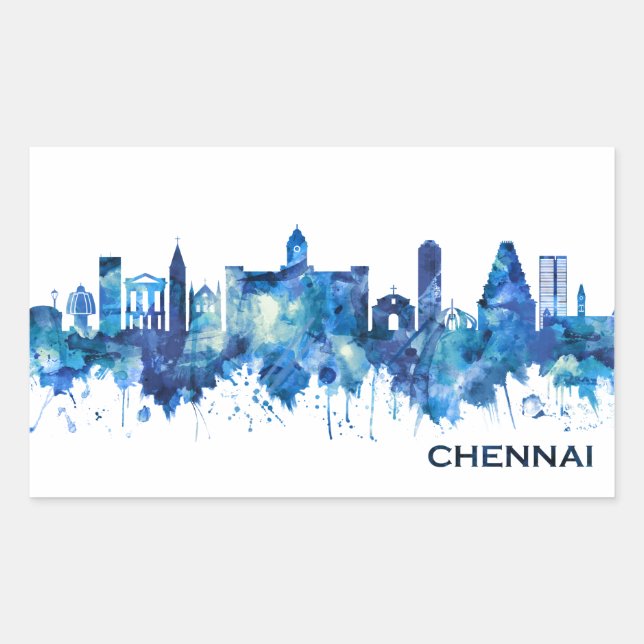 Pegatina Rectangular Chennai Tamil Nadu Skyline Blue (Anverso)