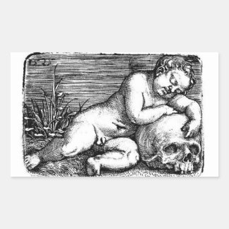 Pegatina Rectangular Cherub durmiente y cráneo