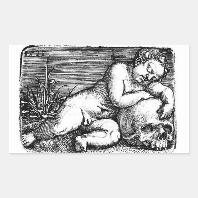 Pegatina Rectangular Cherub durmiente y cráneo (Anverso)