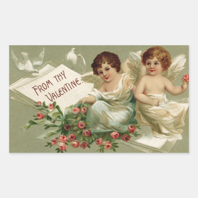 Pegatina Rectangular Cherubs y Rosas Valentine (Anverso)