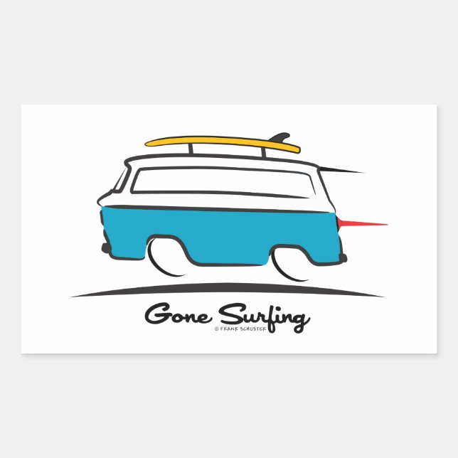 Pegatina Rectangular Chevrolet Corvair Greenbrier Gone Surfing (Anverso)