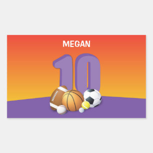 Pegatina Rectangular Chica 10.ª Bolas Deportivas de Cumpleaños