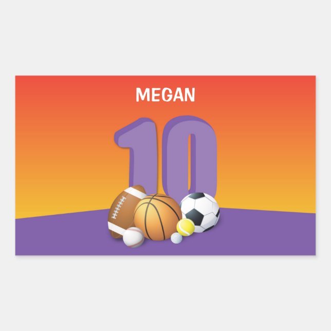 Pegatina Rectangular Chica 10.ª Bolas Deportivas de Cumpleaños (Anverso)