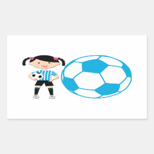 Pegatina Rectangular Chica 2 del fútbol y rayas azules y blancas de la