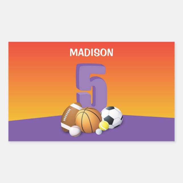 Pegatina Rectangular Chica 5.ª Bolas Deportivas de Cumpleaños (Anverso)