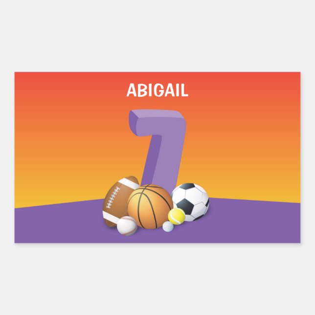 Pegatina Rectangular Chica 7.ª Bolas Deportivas de Cumpleaños (Anverso)