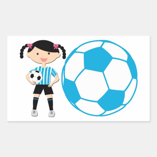 Pegatina Rectangular Chica de fútbol 2 y franjas azul y blanca de bola (Anverso)