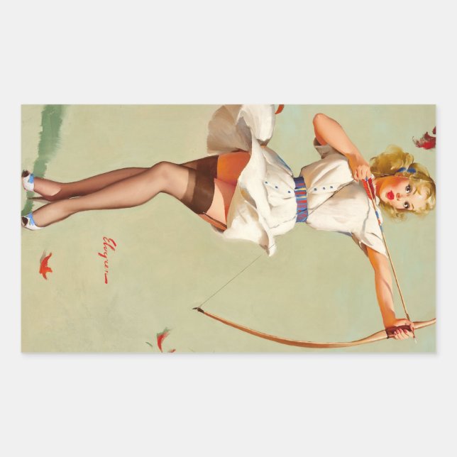 Pegatina Rectangular Chica de Pin-Up de Tiro con Arco (Anverso)