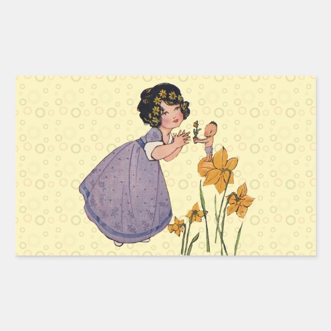 Pegatina Rectangular Chica Elf Fairy Daffodil Antiguo Pascua (Anverso)