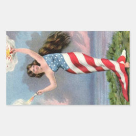 Pegatina Rectangular Chica patriótico vintage con bandera estadounidens