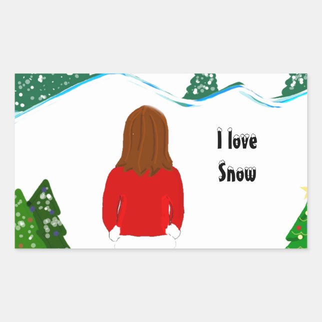 Pegatina Rectangular Chica Snowy Winter Day (Anverso)