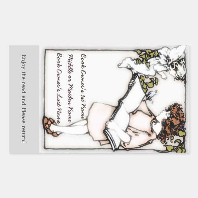 Pegatina Rectangular Chica victoriano leyendo placa personalizada (Anverso)