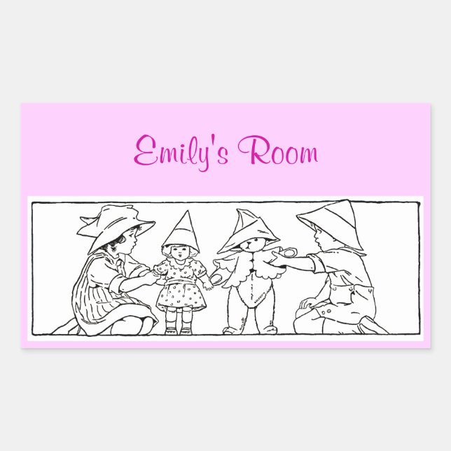 Pegatina Rectangular Chica y niño con juguetes Personalizado Arte vinta (Anverso)