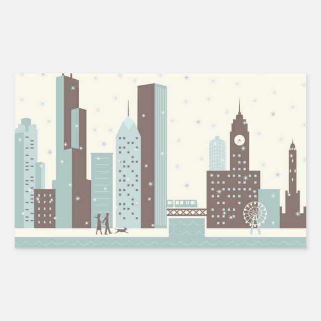 Pegatina Rectangular Chicago en invierno (Anverso)