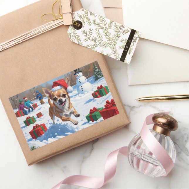 Pegatina Rectangular Chihuahua corriendo en la nieve con sombrero de Na (Regalar)