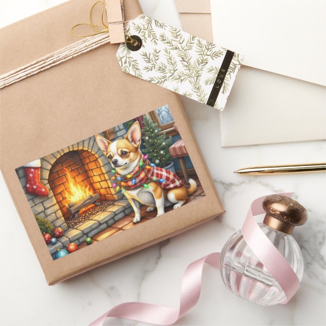 Pegatina Rectangular Chihuahua Sentado Chimenea con Luces de Navidad (Regalar)