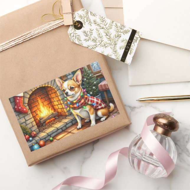 Pegatina Rectangular Chihuahua Sentado junto a Chimenea con Luces de Na (Regalar)