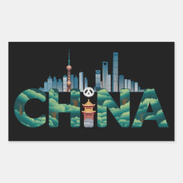 Pegatina Rectangular China Shanghai Temple Panda