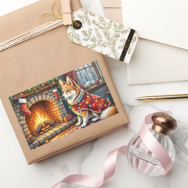 Pegatina Rectangular Chinook Sitting by Fireplace with Christmas Lights (Regalar)