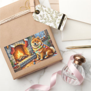 Pegatina Rectangular Chow Chow Sentado junto a Chimenea con Luces de Na