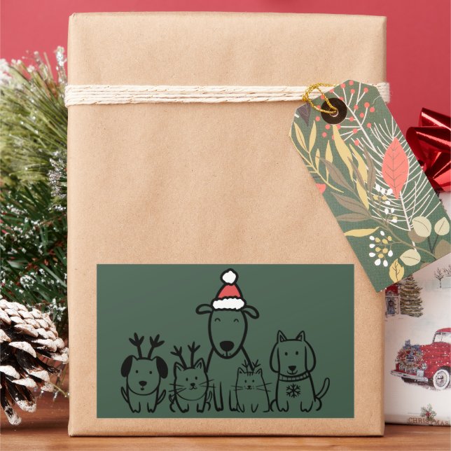 Pegatina Rectangular Christmas Dogs and Cats Reindeer Holiday (Vacaciones)