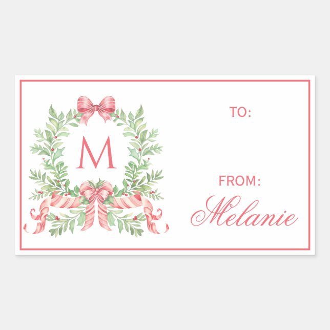 Pegatina Rectangular Christmas Wreath w/ Bow | Monogram (Anverso)