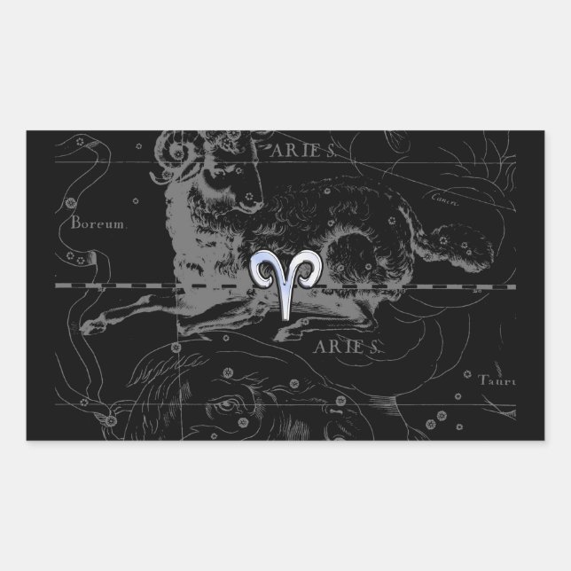 Pegatina Rectangular Chrome like Aries Zodiac Sign on Hevelius Black (Anverso)