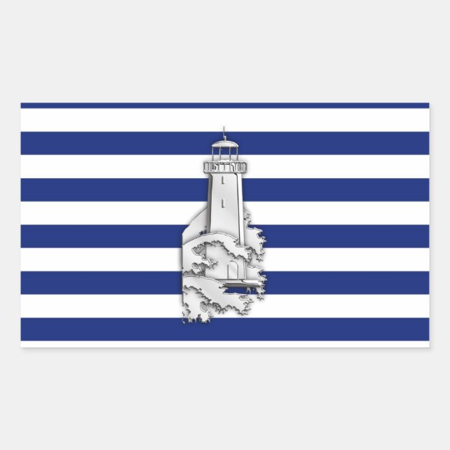 Pegatina Rectangular Chrome Like Lighthouse on Nautical Stripes (Anverso)