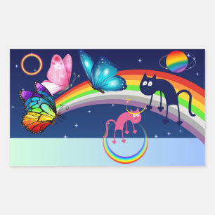 Pegatina Rectangular Cielo nocturno, dos gatos, mariposas y arcoiris