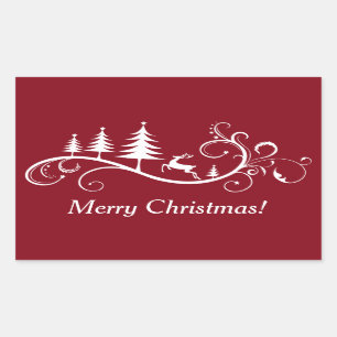 Pegatina Rectangular Ciervos retros del salto en navidad rojo