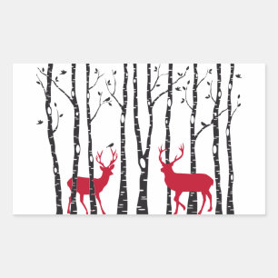 Pegatina Rectangular Ciervos rojos en bosque del árbol de abedul