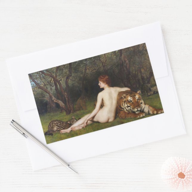 Pegatina Rectangular Circe (Mujer con Tigre Salvaje) (por John Collier) (Sobre)