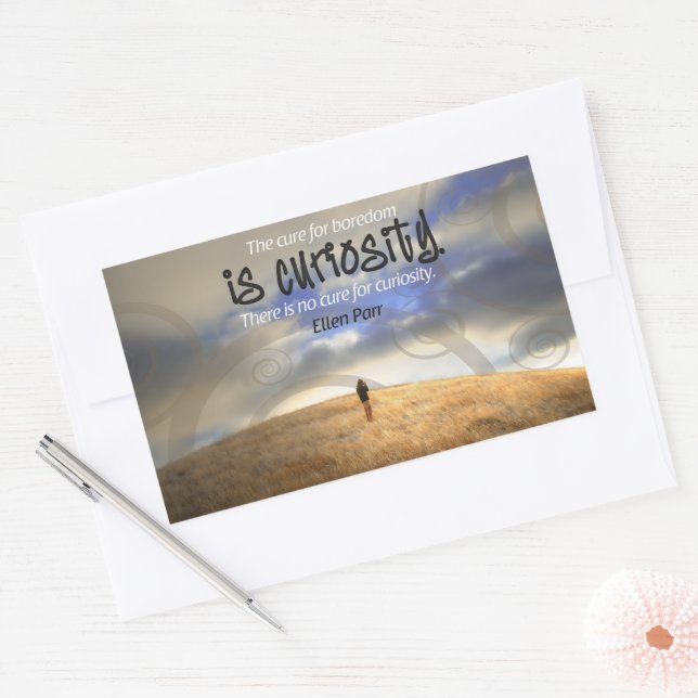 Pegatina Rectangular Cita Inspiradora "Sin cura para la curiosidad" (Sobre)