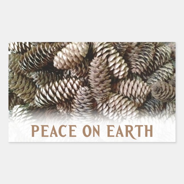 Pegatina Rectangular Clásico Holiday Pine Cone Peace On Earth (Anverso)